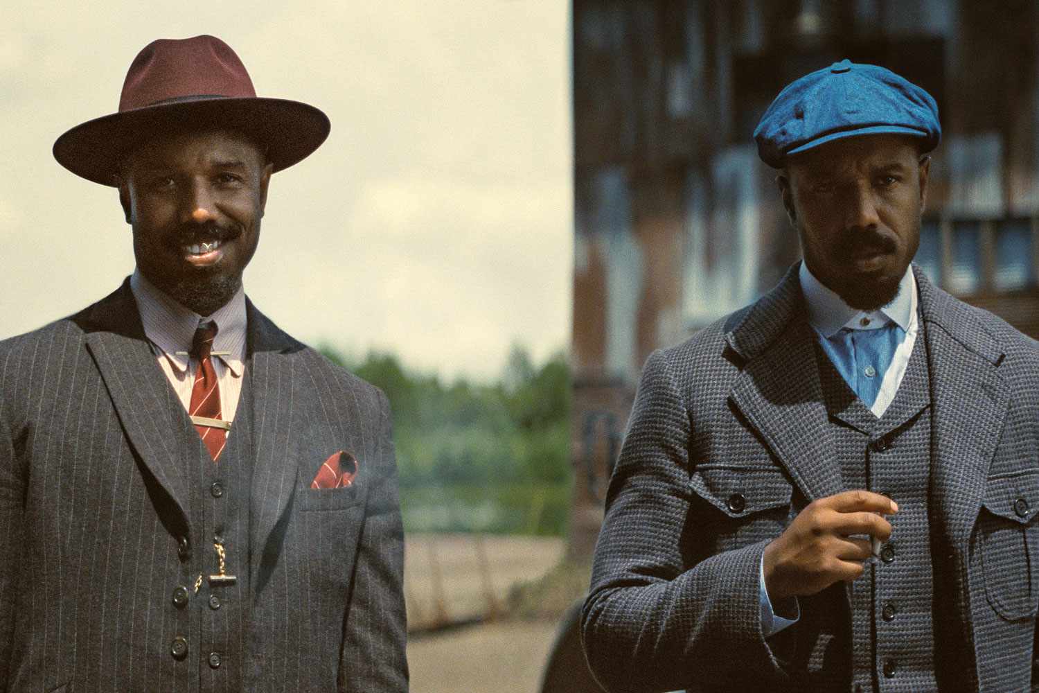 Split-screen still of Michael B. Jordan portraying twins Smoke (bloodied) and Stack (suited)