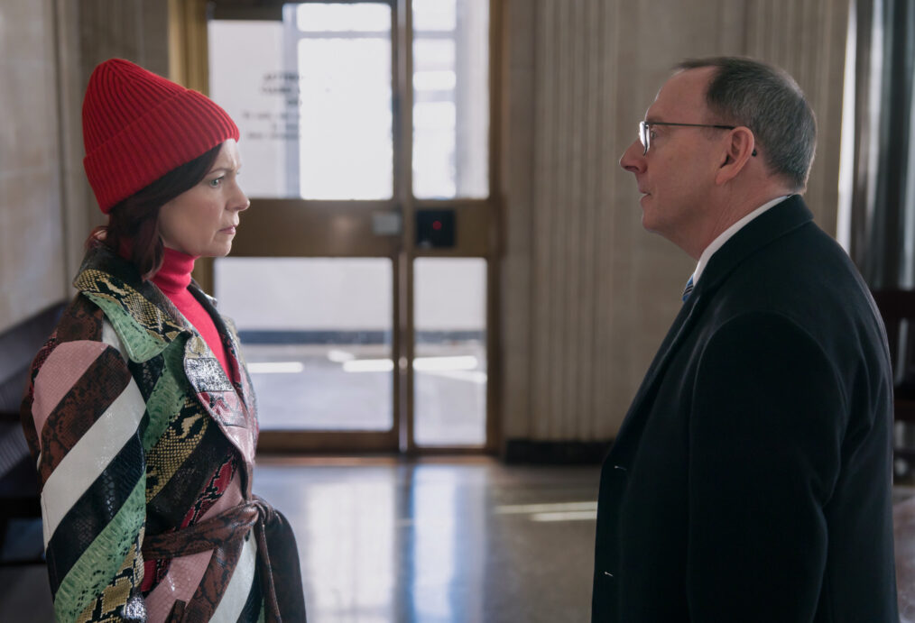 Still of Carrie Preston’s Elsbeth confronting Michael Emerson’s Judge Crawford in court