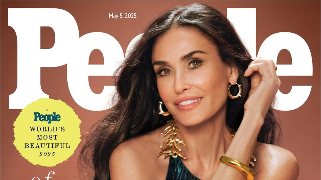 Demi Moore laughing on the Vanity Fair 2025 Oscar Party carpet