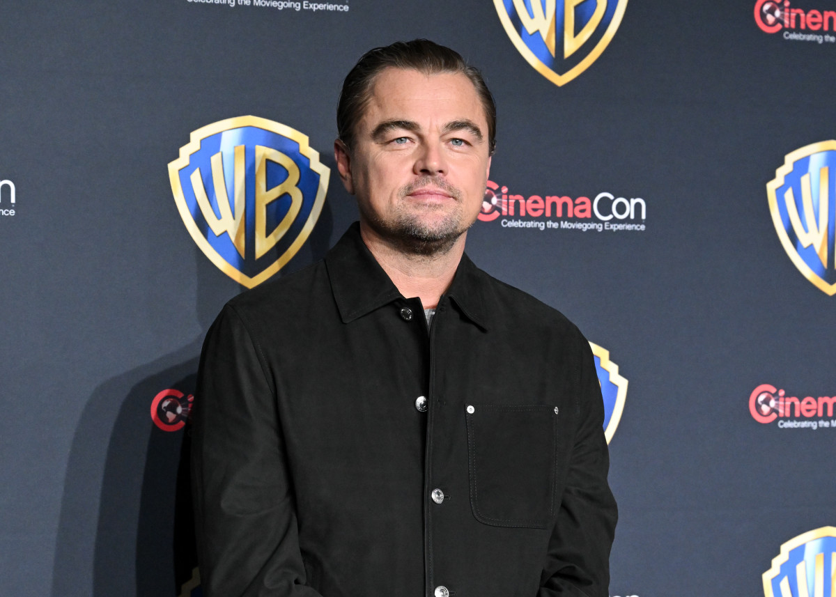 Leonardo DiCaprio at CinemaCon 2025 debuting darker hair and tinted beard